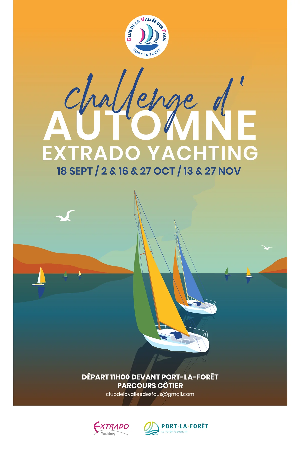 Affiche du Challenge d'automne Extrado Yachting du Club de la Vallée des Fous : voiliers dans une lumière orangée d'automne