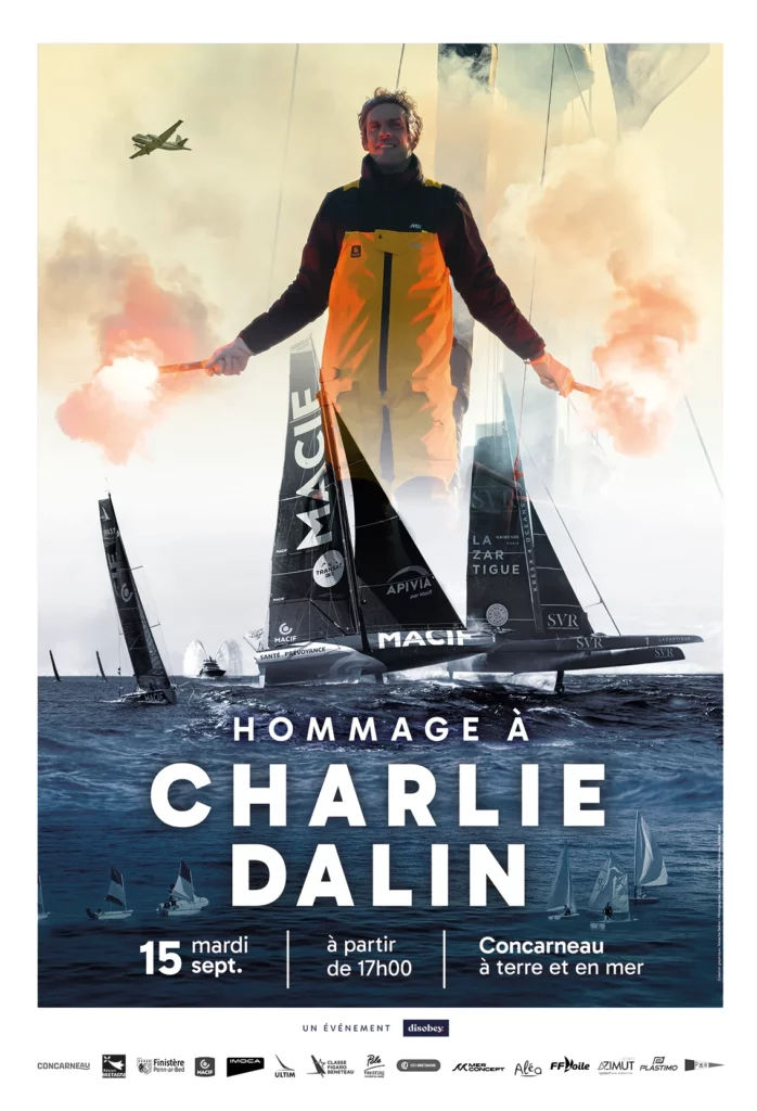 Affiche de l'hommage à Charlie Dalin, le 15 septembre à Concarneau, à terre et en mer : Charlie bras ouverts au-dessus de son IMOCA MACIF