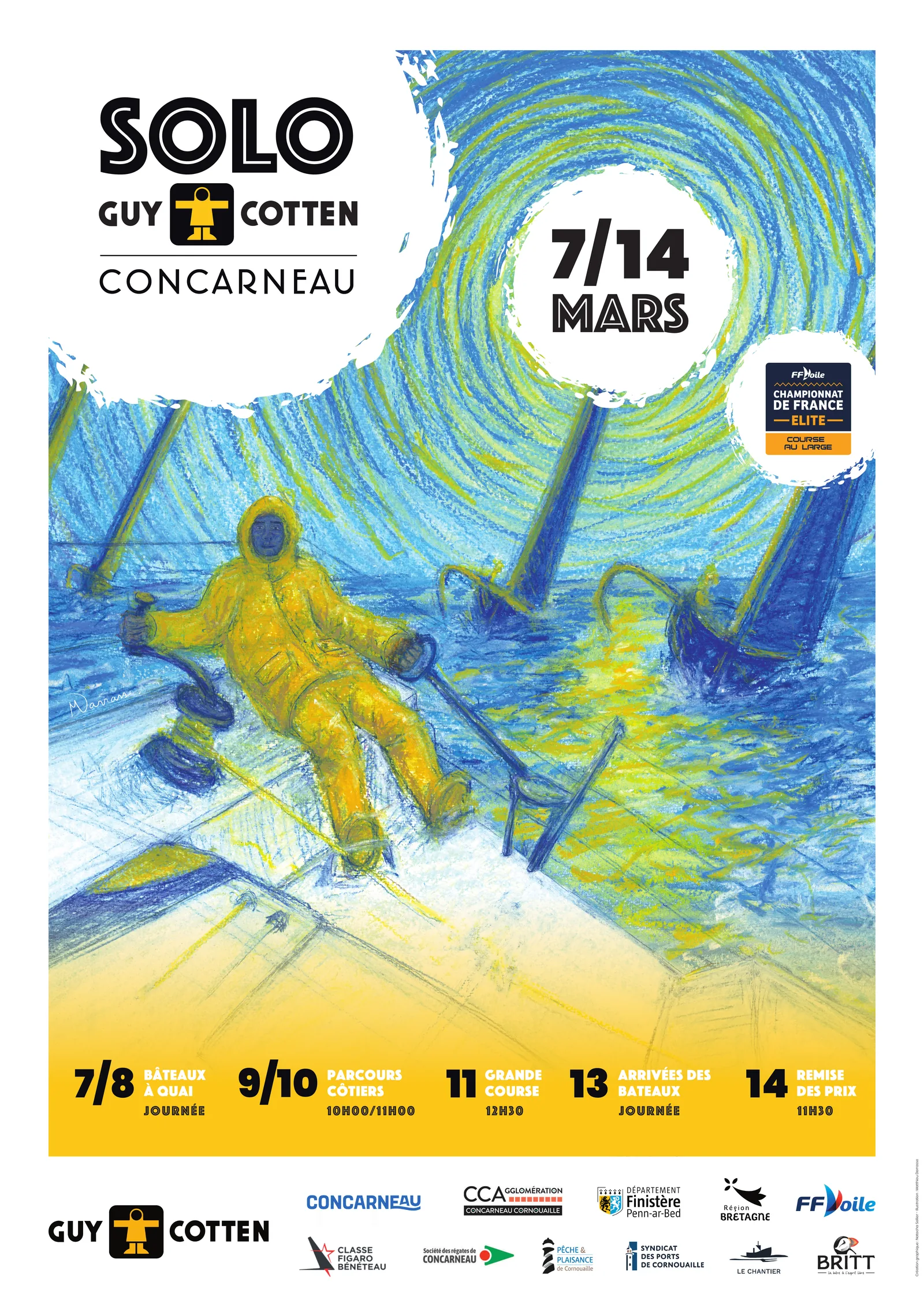 Affiche de la Solo Guy Cotten 2026 : un skipper en ciré jaune à la barre, illustration de Matthieu Darrasse, du 7 au 14 mars à Concarneau