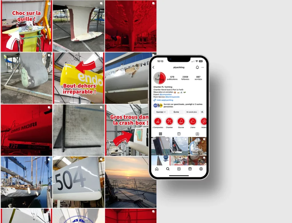 Grille Instagram de PL Yachting : réparations de voiliers de course à l'atelier, sur un téléphone
