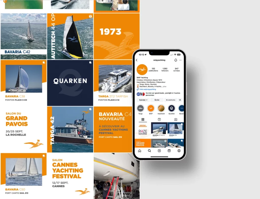 Grille Instagram de SNIP Yachting : salons, bateaux Bavaria et Targa, sur un téléphone